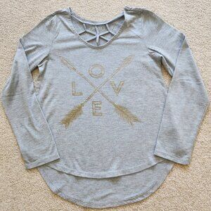 Girls Size 10 Mudd Gray Long Sleeve Tee – Gold “Love” Graphic, High-Low Hem